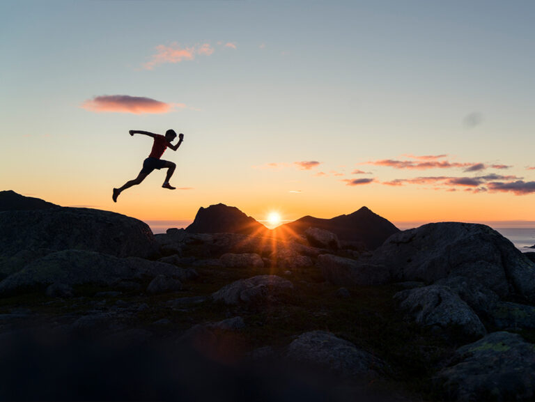 Trail running during sunset